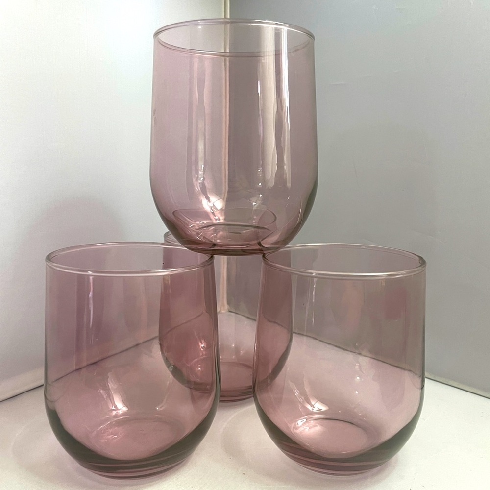 Stemless Wine Glasses Set of 4 Rose Pink Cocktail Glass EUC 4" Tall
